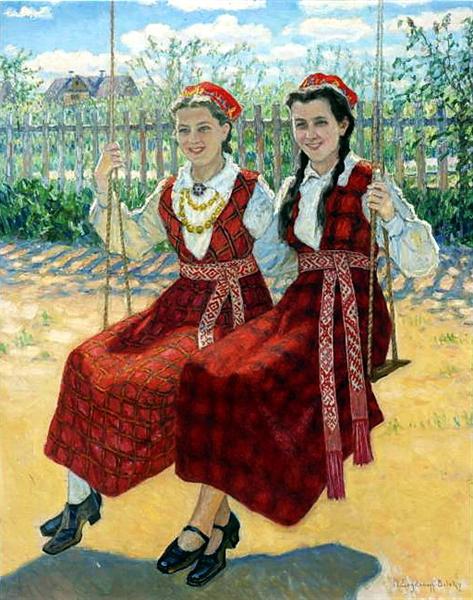 Two Girls On A Swing, 1940 - Микола Богданов-Бєльський