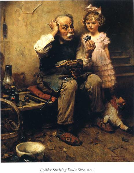 Cobbler Studying Doll's Shoe, 1921 - Norman Rockwell