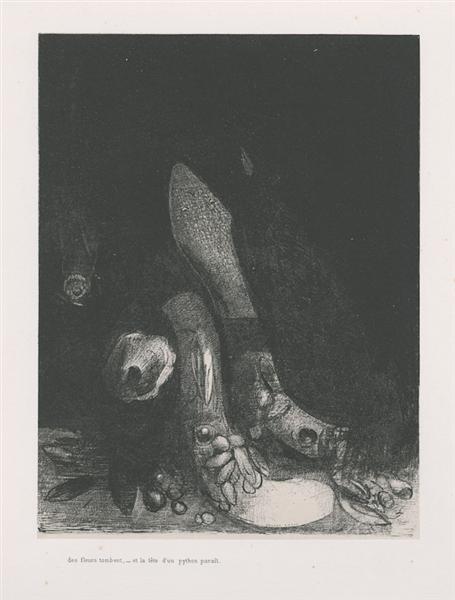 Flowers fall and the head of a python appears (plate 5), 1896 - Одилон Редон