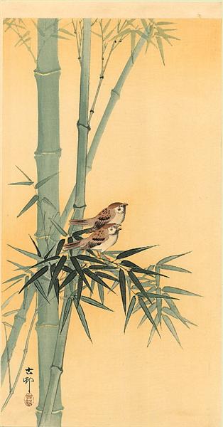 Sparrows on bamboo tree - Охара Косон