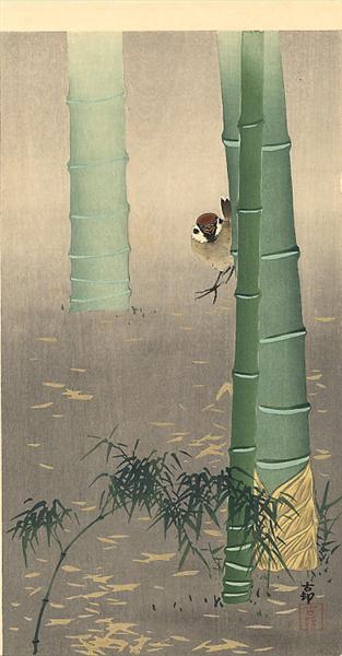 Tree sparrow and bamboo - 小原古邨