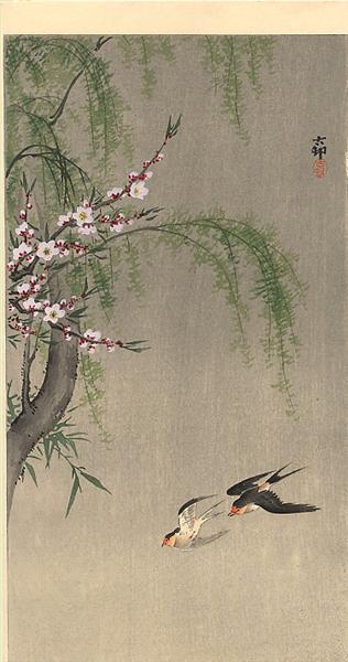 Two Barn Swallows in Flight, Willow Branch and Flowering Cherry above, c.1910 - Ohara Koson