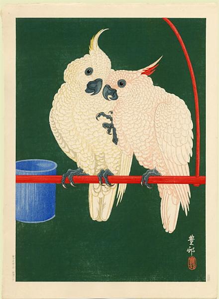 Two White Cockatoos on a Red Bar - 小原古邨
