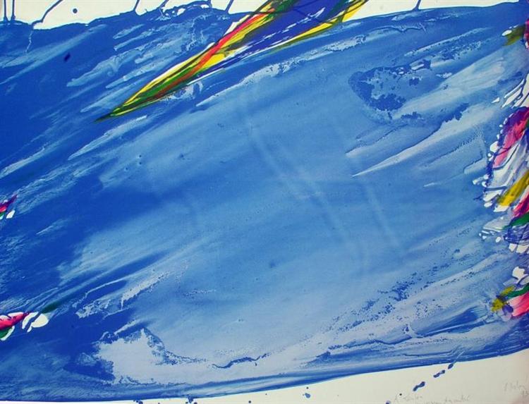 Composition bleue, taches rouge et jaune - Olivier Debré