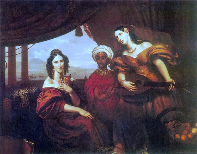 Portrait of Countess Maria Alexandrovna Pototskaya, Countess Sofya Alexandrovna Shuvalova with a mandolin and an Ethiopian girl, 1836 - Oreste Kiprensky