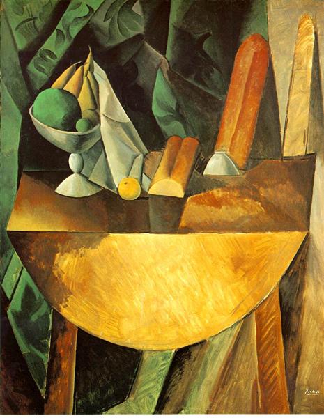 Хліб і тарілка з фруктами на столі, c.1909 - Пабло Пікассо