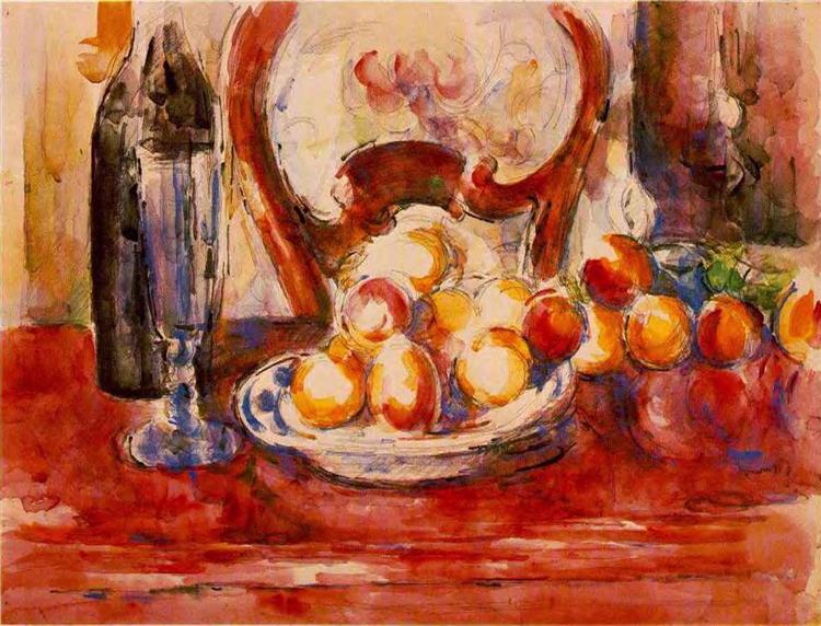 Still Life Apples, a Bottle and Chairback, c.1902 - 塞尚