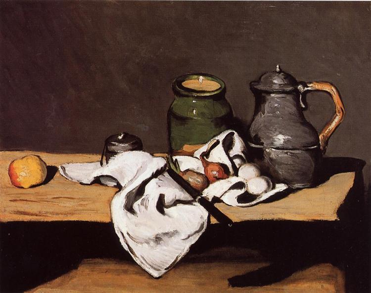 Still Life with Green Pot and Pewter Jug, c.1870 - 塞尚