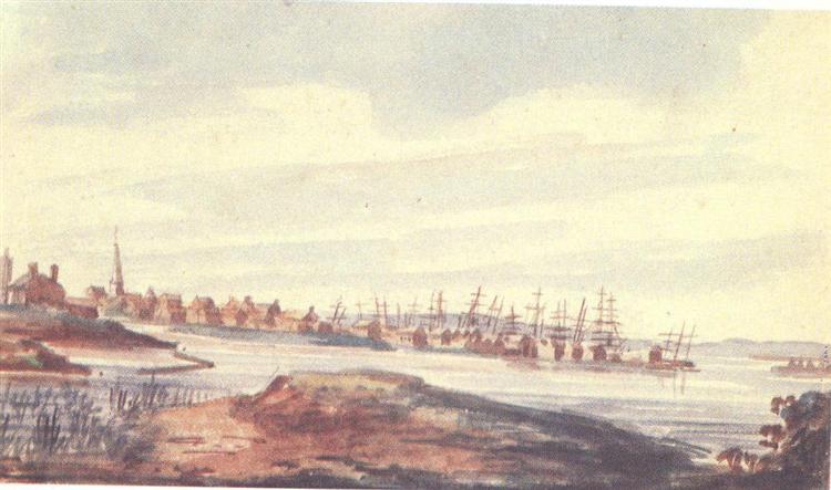 Town on the riverside, c.1812 - Павло Свіньїн