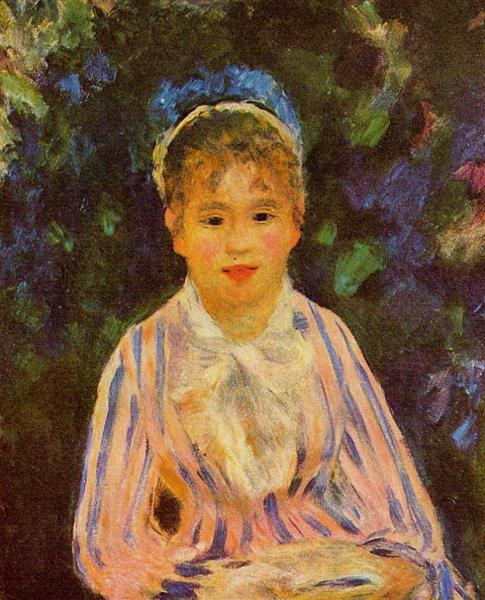 Young Woman in a Blue and Pink Striped Shirt, 1875 - 雷諾瓦