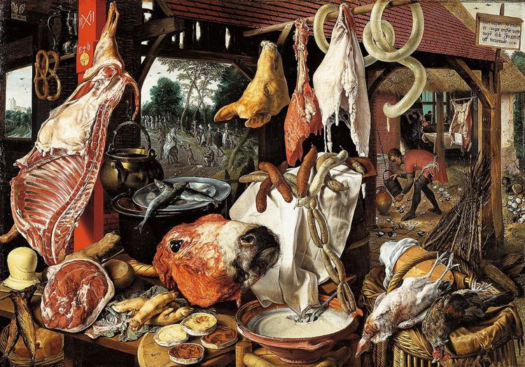 Мясная лавка со святым семейством, раздающим милостыню, 1551 - Питер Артсен