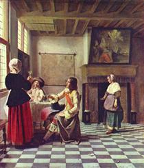 A Woman Drinking with Two Men - Pieter de Hooch