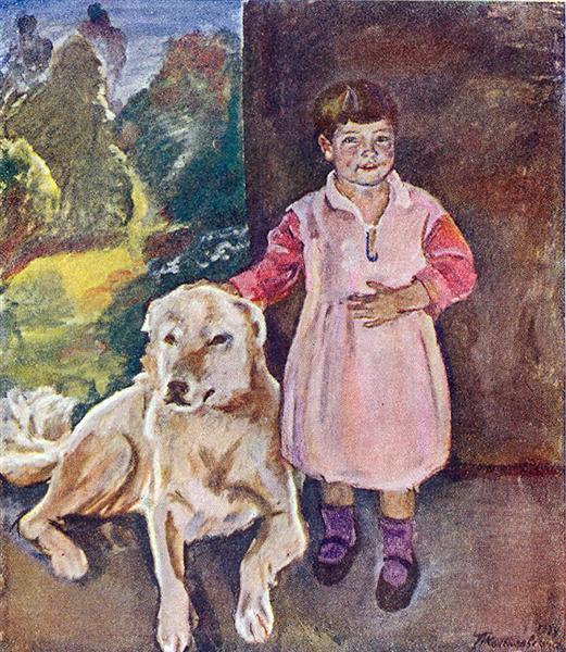Katya with a dog - Pjotr Petrowitsch Kontschalowski