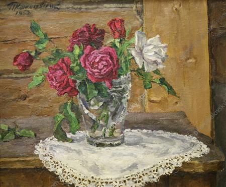 Натюрморт. Розы на желтом фоне., 1953 - Пётр Кончаловский