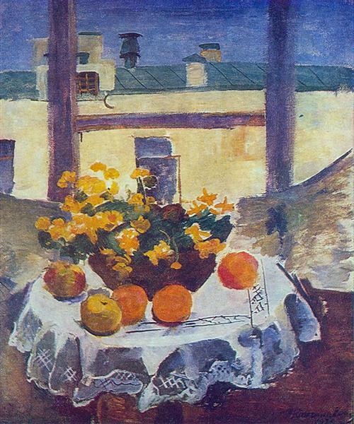 Still Life. Table with fruits and yellow flowers., 1929 - Pyotr Konchalovsky