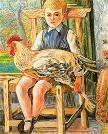 Boy sitting with a hen on his lap - Рафаэль Забалета
