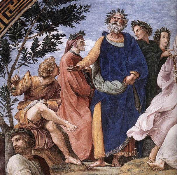 The Parnassus, detail of Homer, Dante and Virgil, in the Stanze della Segnatura, 1510 - 1511 - Рафаэль Санти