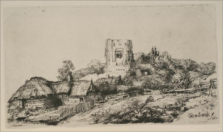 A Village with a Square Tower, 1650 - Рембрандт