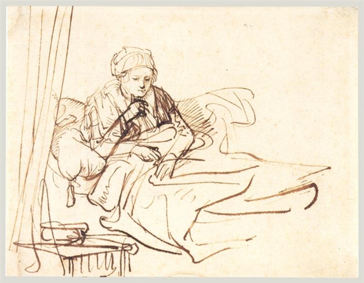 Сидяча на ліжку жінка, c.1642 - Рембрандт