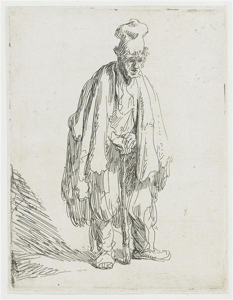 Beggar in a High Cap Standing, 1629 - Rembrandt van Rijn