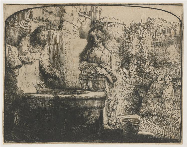 Christ and the woman of Samaria an arched print, 1658 - Rembrandt van Rijn