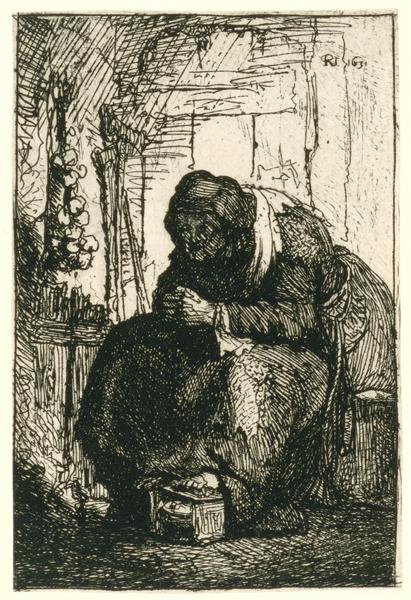 Old woman seated in a cottage with a string of onions on the wall, 1631 - Rembrandt