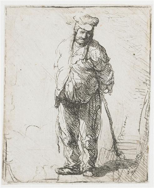 Ragged peasant with his hands behind him, holding a stick, 1630 - Рембрандт
