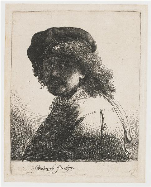 Self-portrait in a cap and scarf with the face dark bust, 1633 - Rembrandt van Rijn