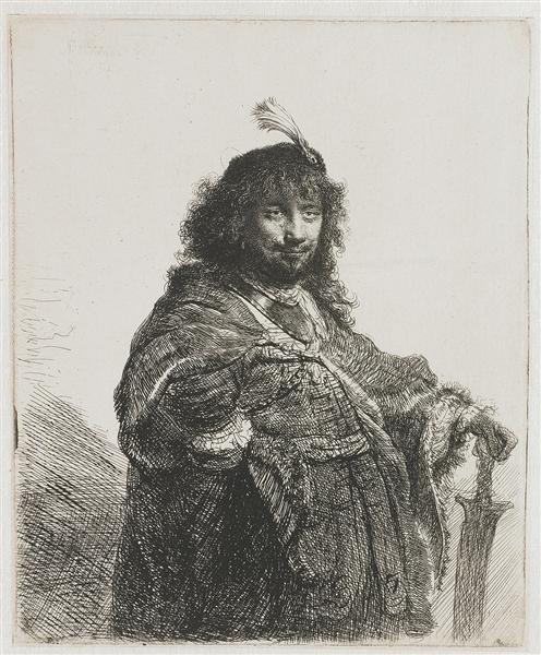 Self-portrait with plumed cap and lowered sabre, 1634 - Rembrandt van Rijn