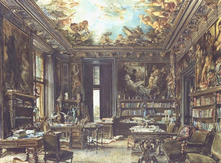 The library in the Palais Dumba, 1877 - Рудольф фон Альт