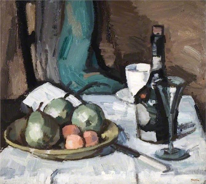 Still Life with a Bowl of Fruit, Bottle, Cup and Glass, 1929 - Samuel Peploe