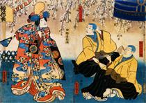 Shūka Bandō I as Shirabyōshi Hanako, Kichisaburō Arashi III as Konkara Bō, and Sanjūrō Seki III as Seitaka Bō (Kyō-ganoko Musume Dōjō-ji) - Утагава Кунисада