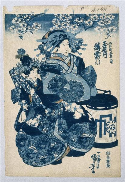 The Courtesans Usugomo, Haruka, and Yayoi of the Tamaya Teahouse - Utagawa Kuniyoshi