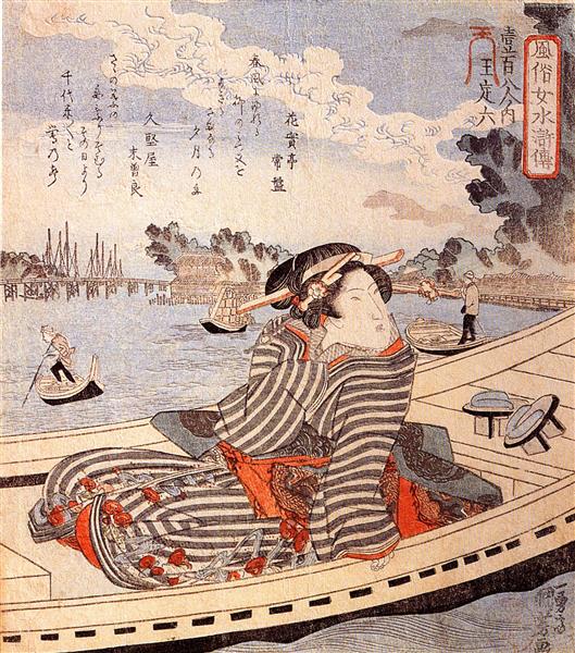 Woman in a boat on the Sumida river - Утаґава Кунійосі
