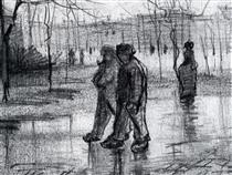 A Public Garden with People Walking in the Rain - Винсент Ван Гог