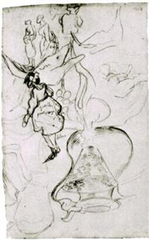 Can, Books, Wineglass, Bread and Arum Sketch of Two Women and a Girl - 梵谷