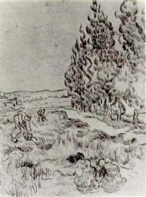 Cypresses with Four People Working in the Field - Vincent van Gogh