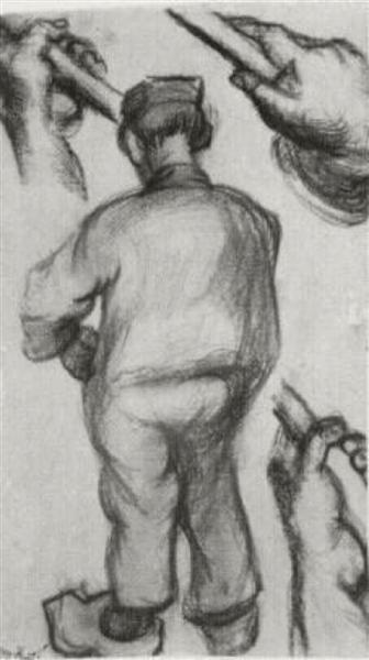 Peasant, Seen from the Back and Three Hands Holding a Stick, 1885 - 梵谷