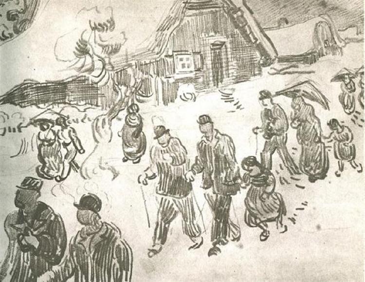 People Walking in Front of Snow-Covered Cottage, 1890 - 梵谷
