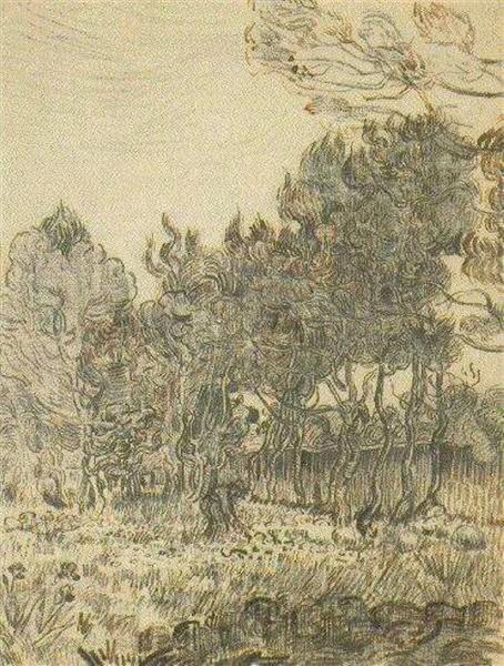 Pine Trees near the Wall of the Asylum, 1889 - 梵谷