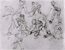 Sheet with Sketches of Diggers and Other Figures - 梵谷