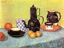 Still Life with Blue Enamel Coffeepot, Earthenware and Fruit - 梵谷