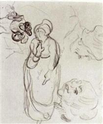 Study of a Woman Standing, Two Heads, Another Figure - 梵谷