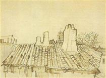 Tiled Roof with Chimneys and Church Tower - Vincent van Gogh