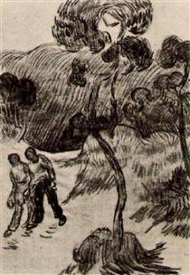 Two Men Walking in a Landscape with Trees - Vincent van Gogh