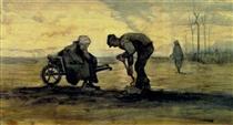 Weed Burner, Sitting on a Wheelbarrow with his Wife - Vincent van Gogh