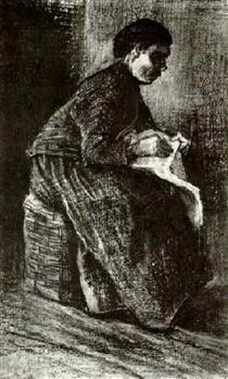 Woman Sitting on a Basket, Sewing - Винсент Ван Гог