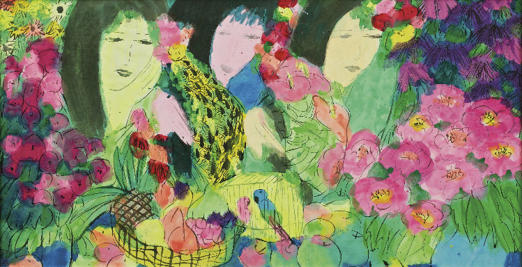 Three Women, Birds and Fruit, 1980 - Walasse Ting
