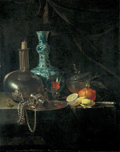 Still Life with a Pilgrim Flask, Candlestick, Porcelain Vase and Fruit - Willem Kalf