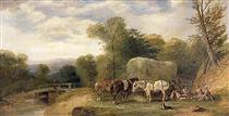 Carthorses and Rustics by a Stream - William Shayer